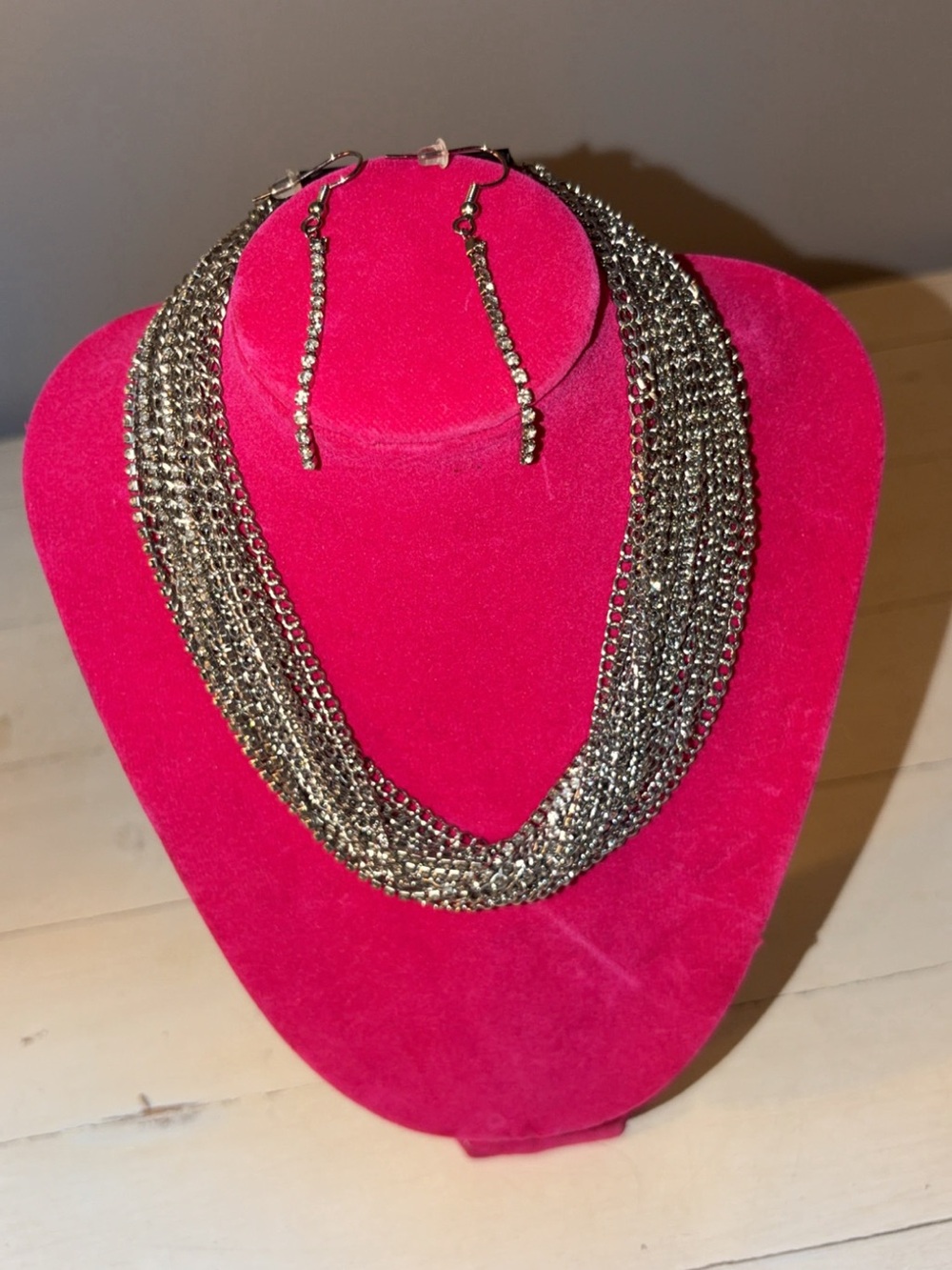 Silver-Tone Multi-Strand Chain Necklace with Crystal Drop Earrings